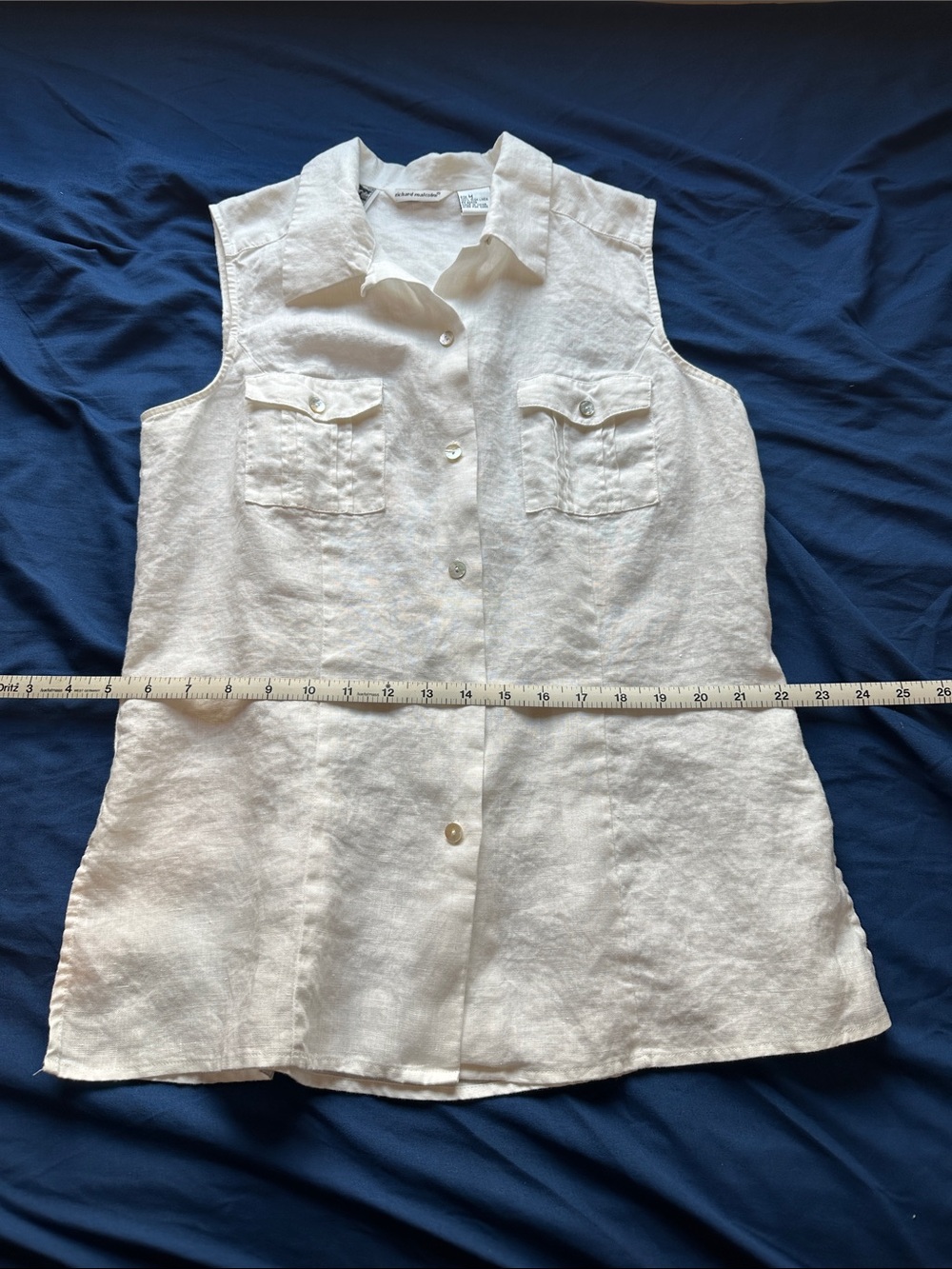 Sleeveless Button-Front White Linen Shirt by Richard Malcolm Irish Linen Medium - Picture 13 of 16
